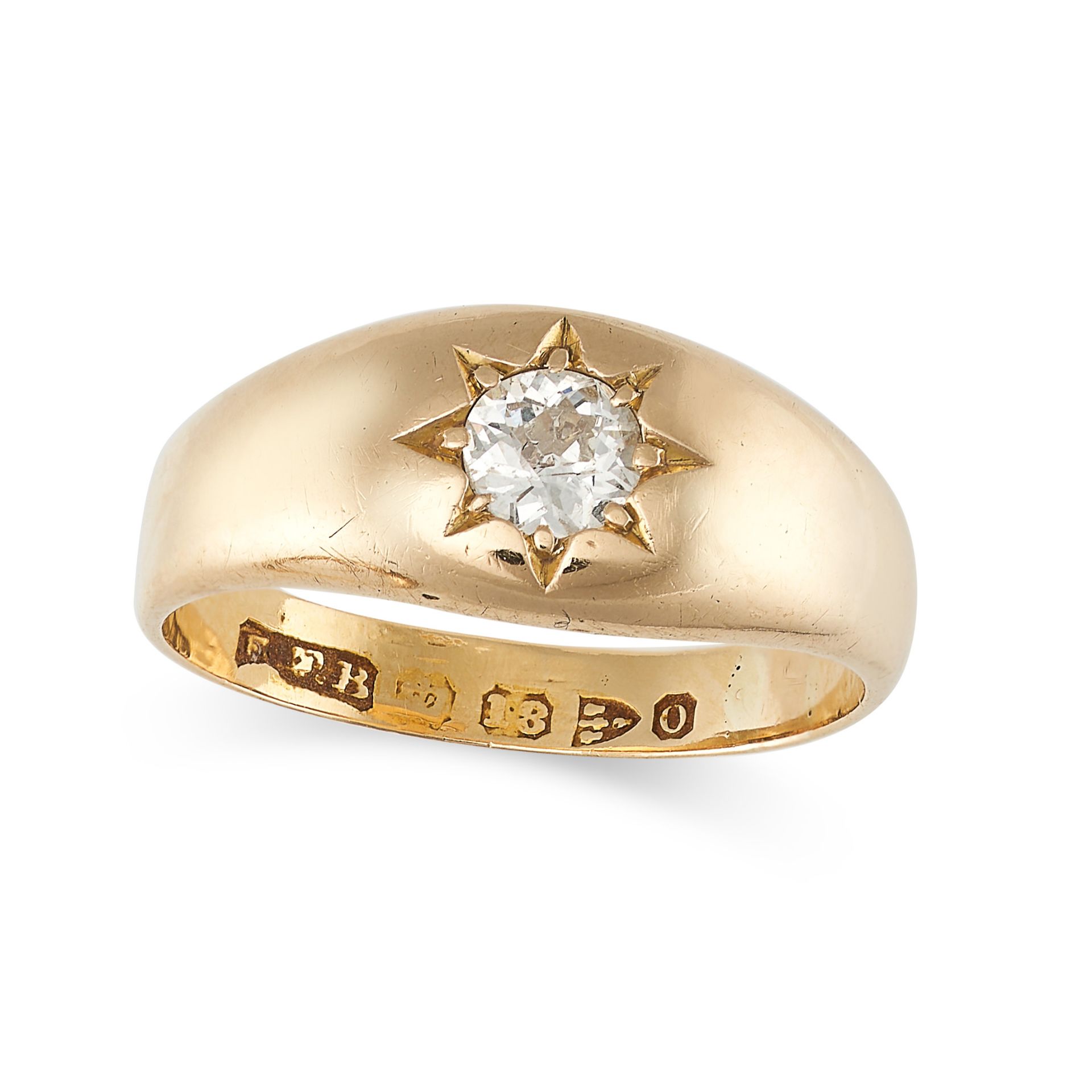 AN ANTIQUE VICTORIAN DIAMOND GYPSY RING in 18ct yellow gold, set with an old cut diamond in a sta...