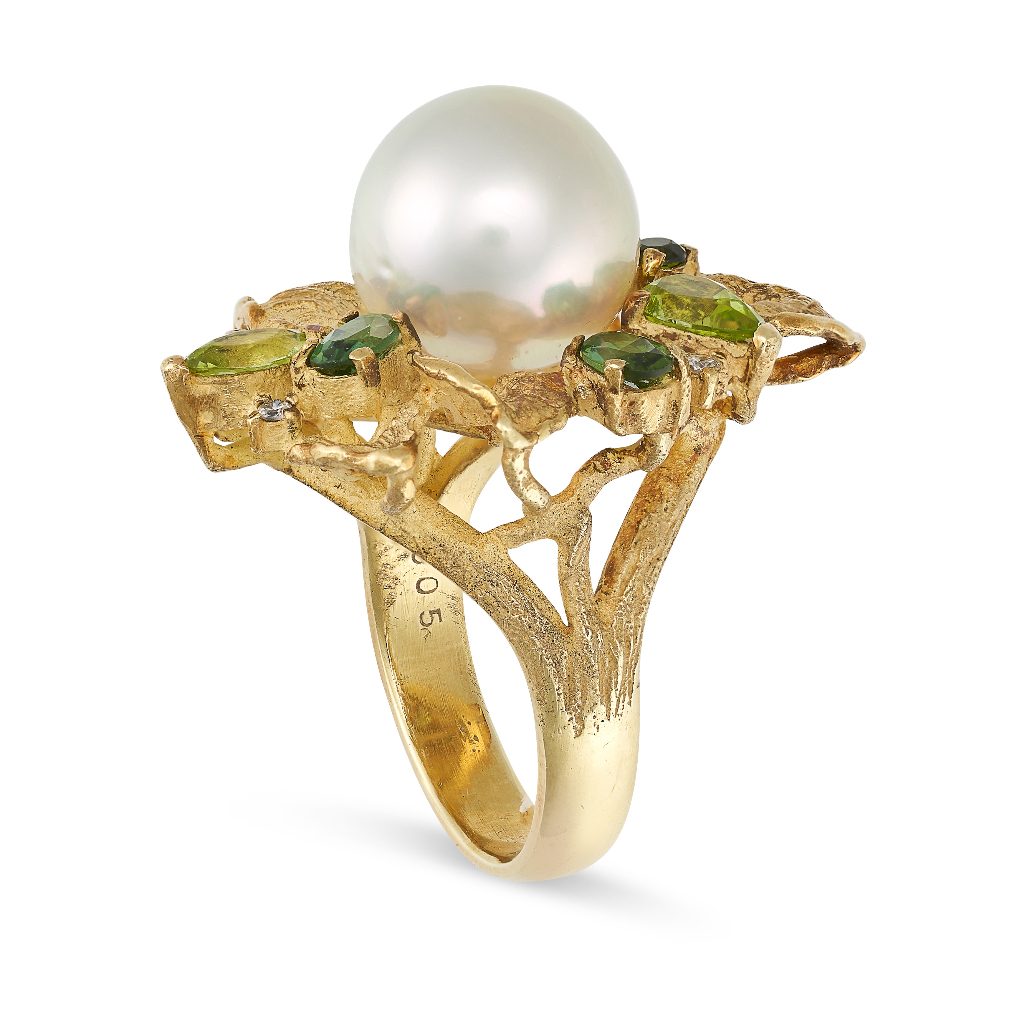 A PEARL, DIAMOND, TOURMALINE AND PERIDOT RING in 18ct yellow gold, designed as a stylised flower,... - Image 2 of 4