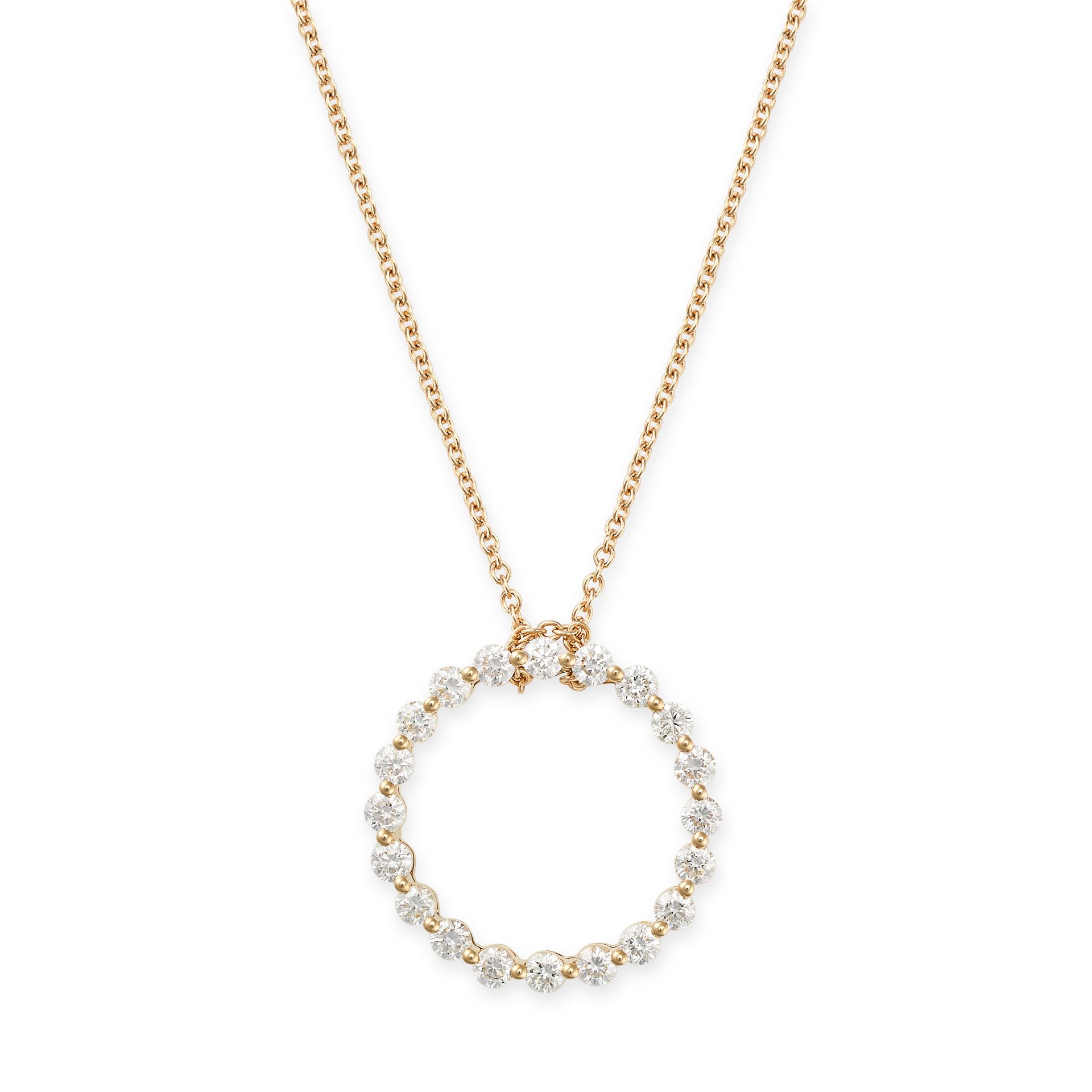 A DIAMOND OPEN CIRCLE PENDANT NECKLACE in 18ct yellow gold, the pendant designed as an openwork c...