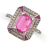 A PINK TOURMALINE, RUBY AND DIAMOND RING set with an emerald cut pink tourmaline in a border of r...