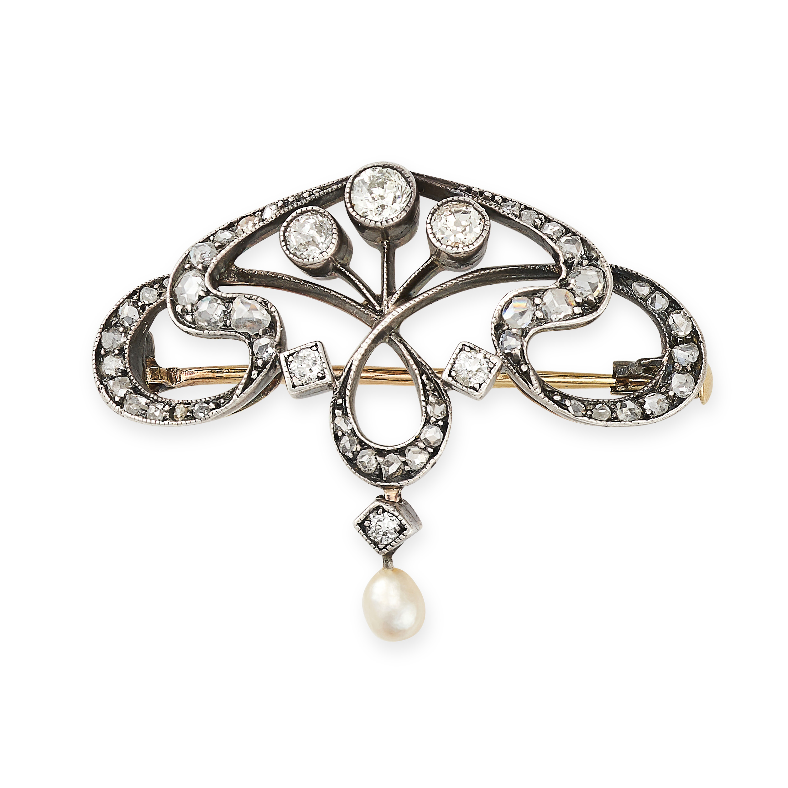 AN ANTIQUE BELLE EPOQUE DIAMOND AND PEARL BROOCH / PENDANT in silver and yellow gold, set with ol...