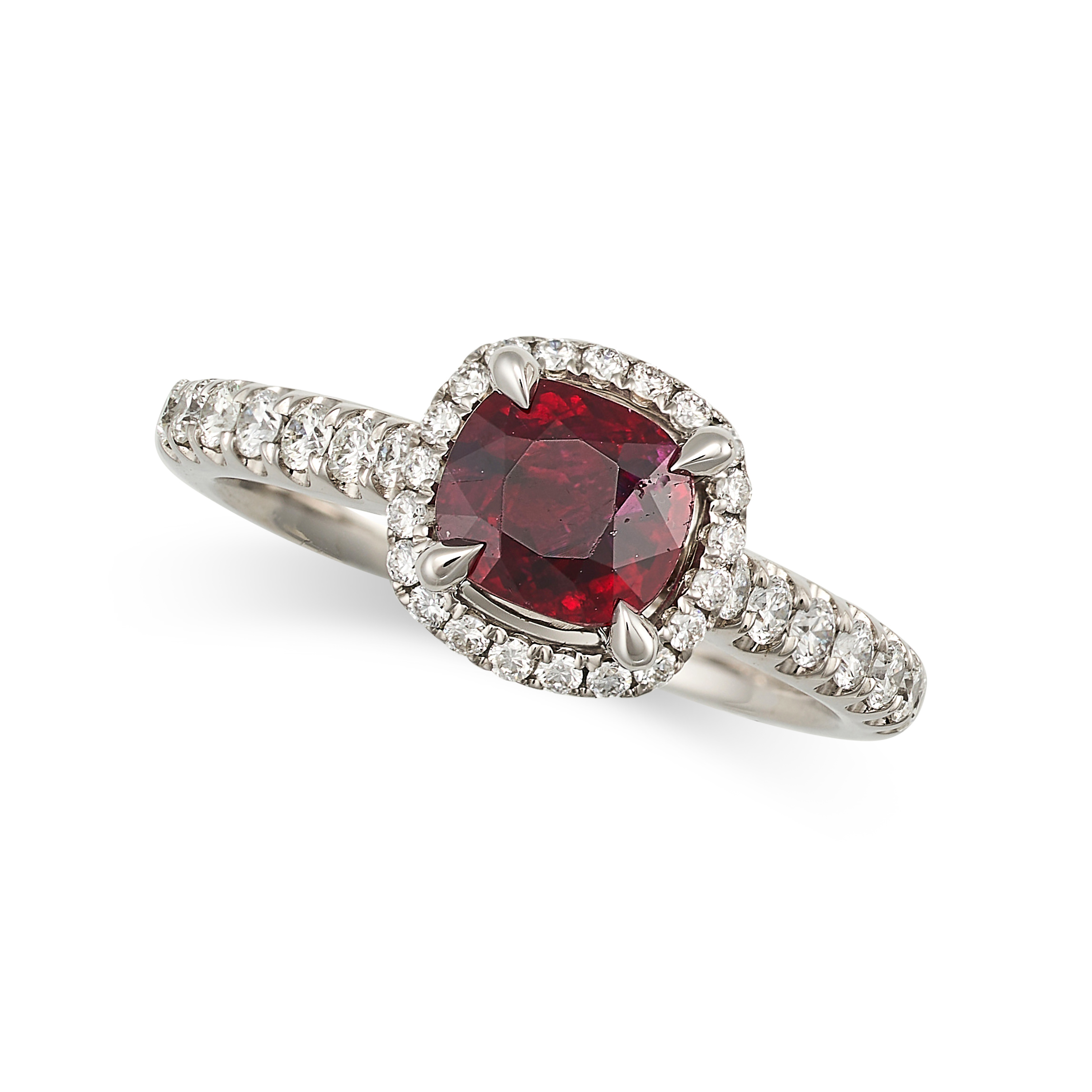 A BURMA NO HEAT RUBY AND DIAMOND RING in 18ct white gold, set with a cushion cut ruby of 1.08 car...