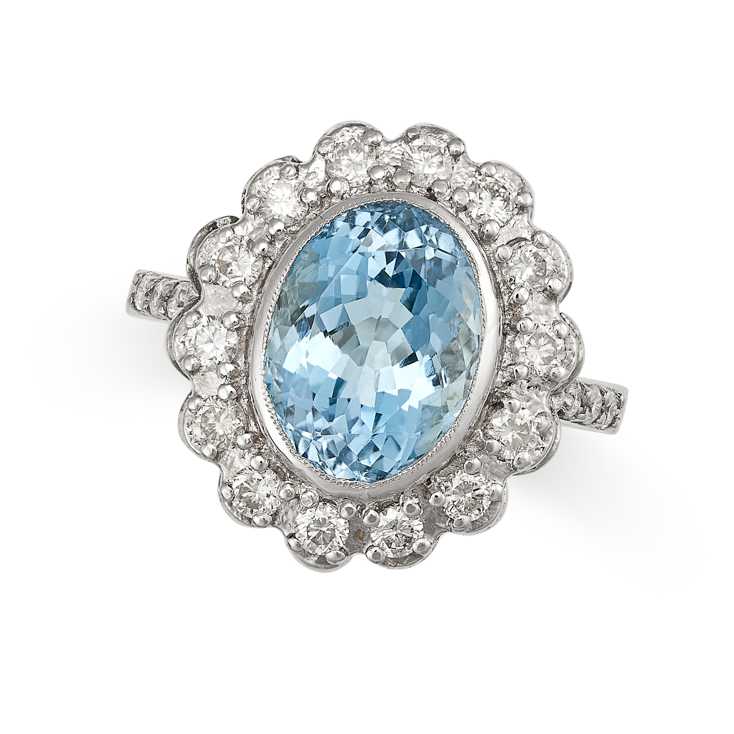 AN AQUAMARINE AND DIAMOND CLUSTER RING in white gold, set with an oval cut aquamarine of approxim...