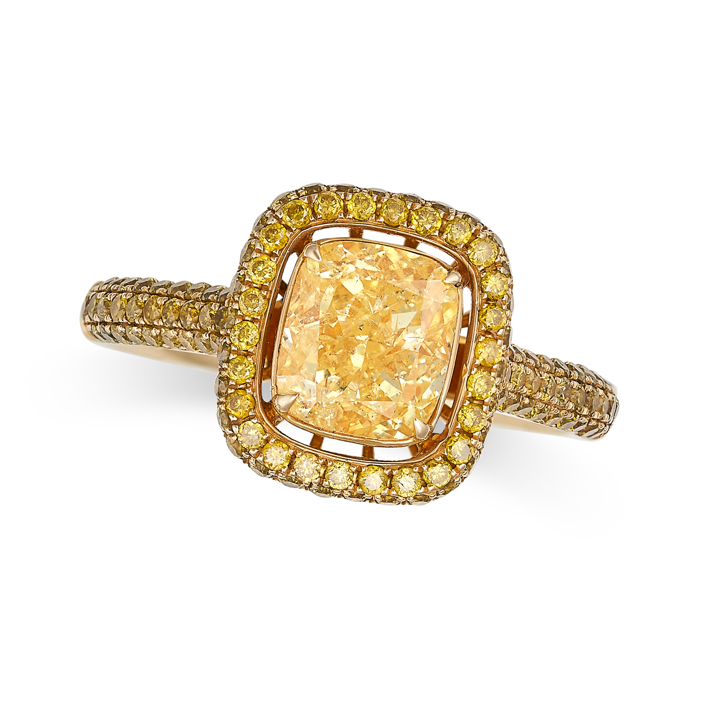 A NATURAL FANCY INTENSE YELLOW DIAMOND RING in 18ct white gold, set with a cushion cut fancy inte...