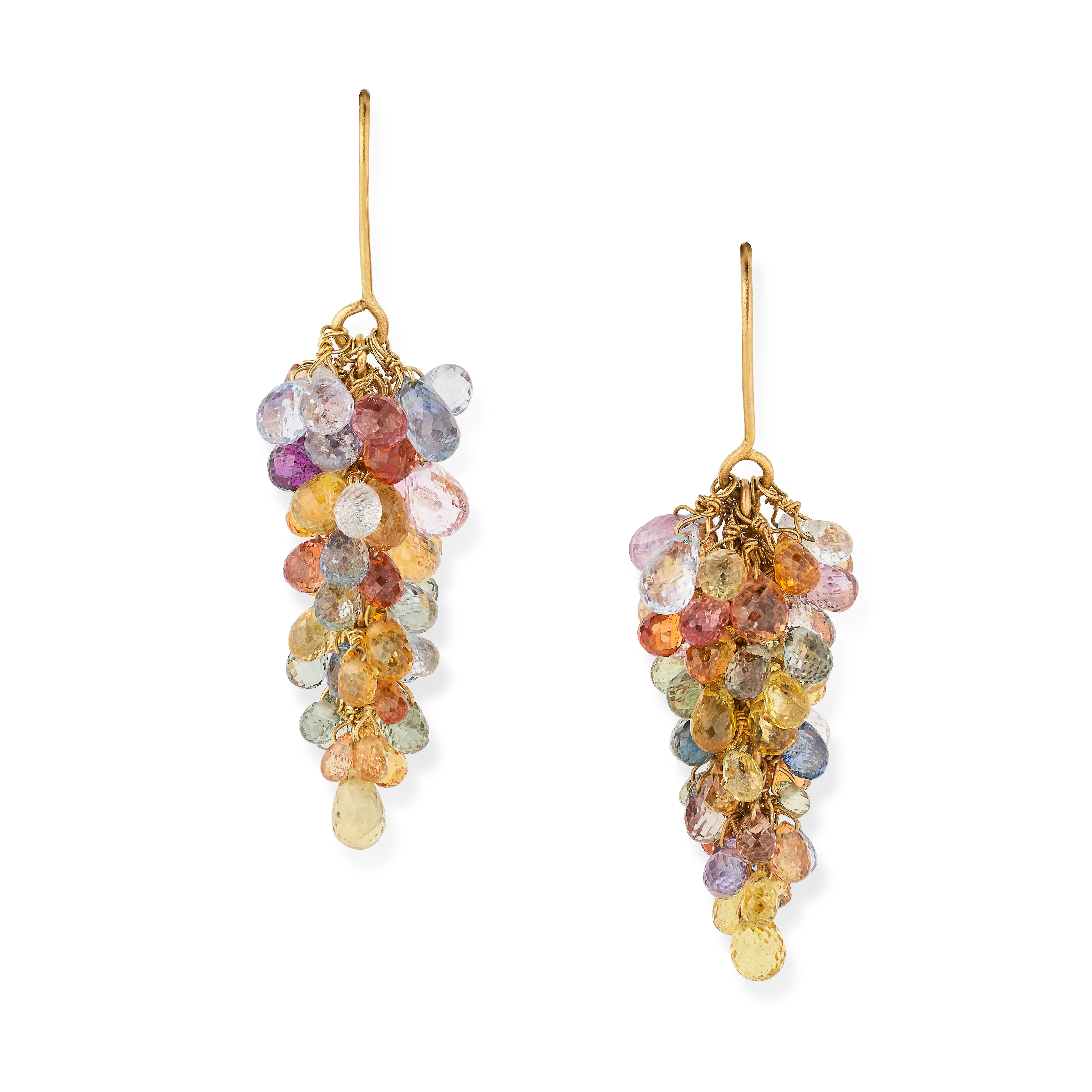 A PAIR OF MULTICOLOURED SAPPHIRE CLUSTER DROP EARRINGS in 18ct yellow gold, each comprising a clu...