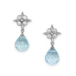 TIFFANY & CO, A PAIR OF AQUAMARINE AND DIAMOND DROP EARRINGS in platinum, in quatrefoil design, s...