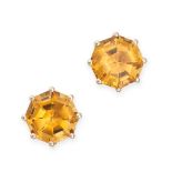 A PAIR OF CITRINE STUD EARRINGS in 14ct yellow gold, each set with an octagonal step cut citrine,...