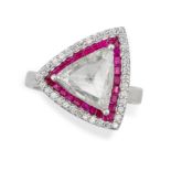 A DIAMOND AND RUBY TARGET RING in 18ct white gold, set with a triangular rose cut diamond of 2.11...