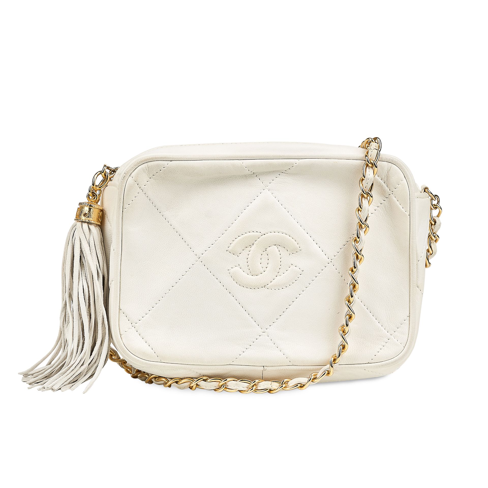 CHANEL, A WHITE VINTAGE CAMERA BAG, Condition grade B. Produced between 1986-1988