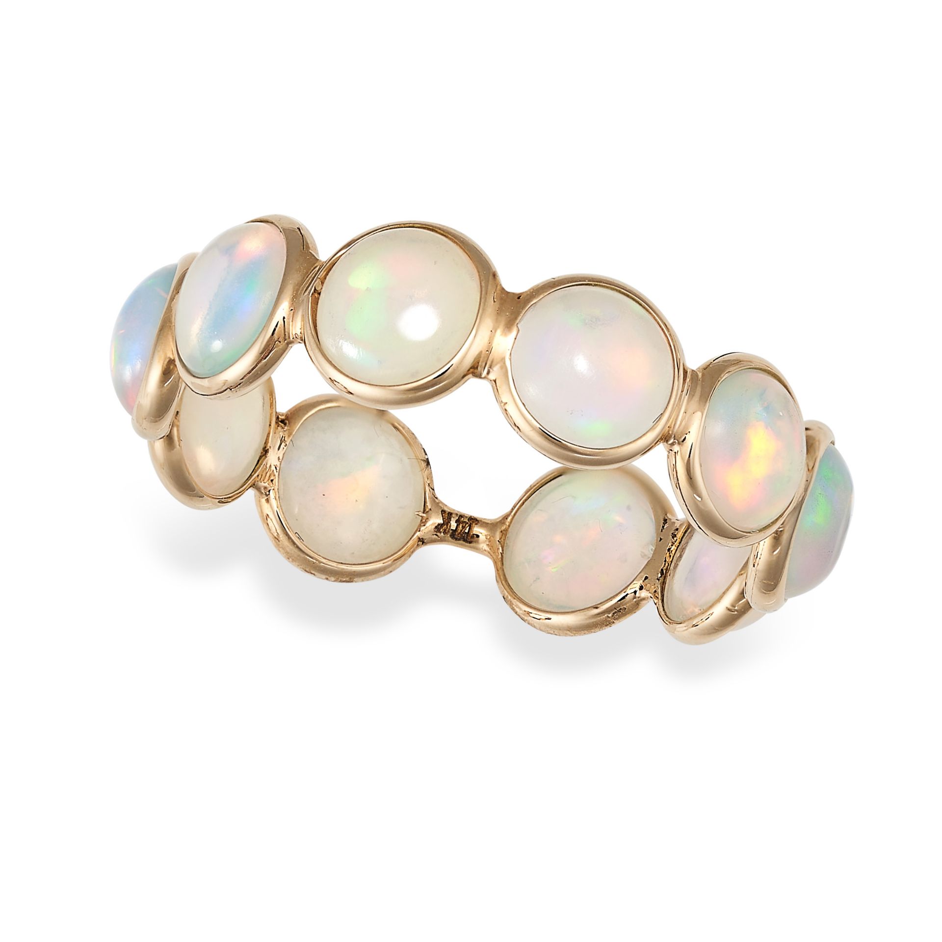 AN OPAL ETERNITY BAND RING in 14ct yellow gold, set with a row of round cabochon opals, stamped 1...