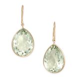 A PAIR OF GREEN AMETHYST DROP EARRINGS in 14ct yellow gold, each set with a large pear cut green ...