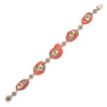 A VINTAGE CORAL, EMERALD AND DIAMOND BRACELET in 9ct rose gold formed of five links set with cora...