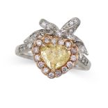 A YELLOW DIAMOND, PINK DIAMOND AND WHITE DIAMOND SWEETHEART RING in 18ct yellow gold, set with a ...