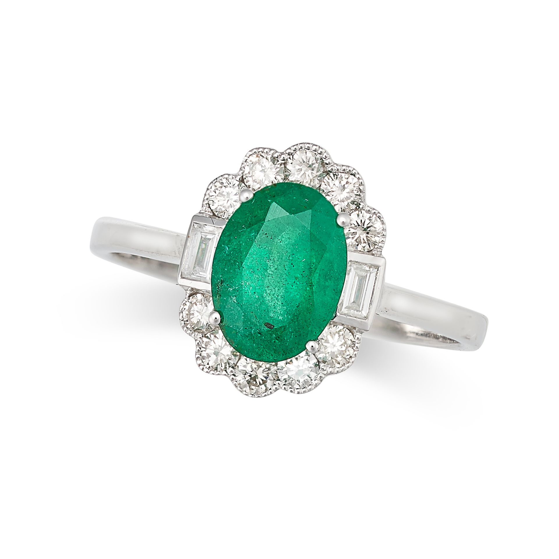 AN EMERALD AND DIAMOND DRESS RING in 18ct white gold, set with an oval cut emerald of 1.25 carats...