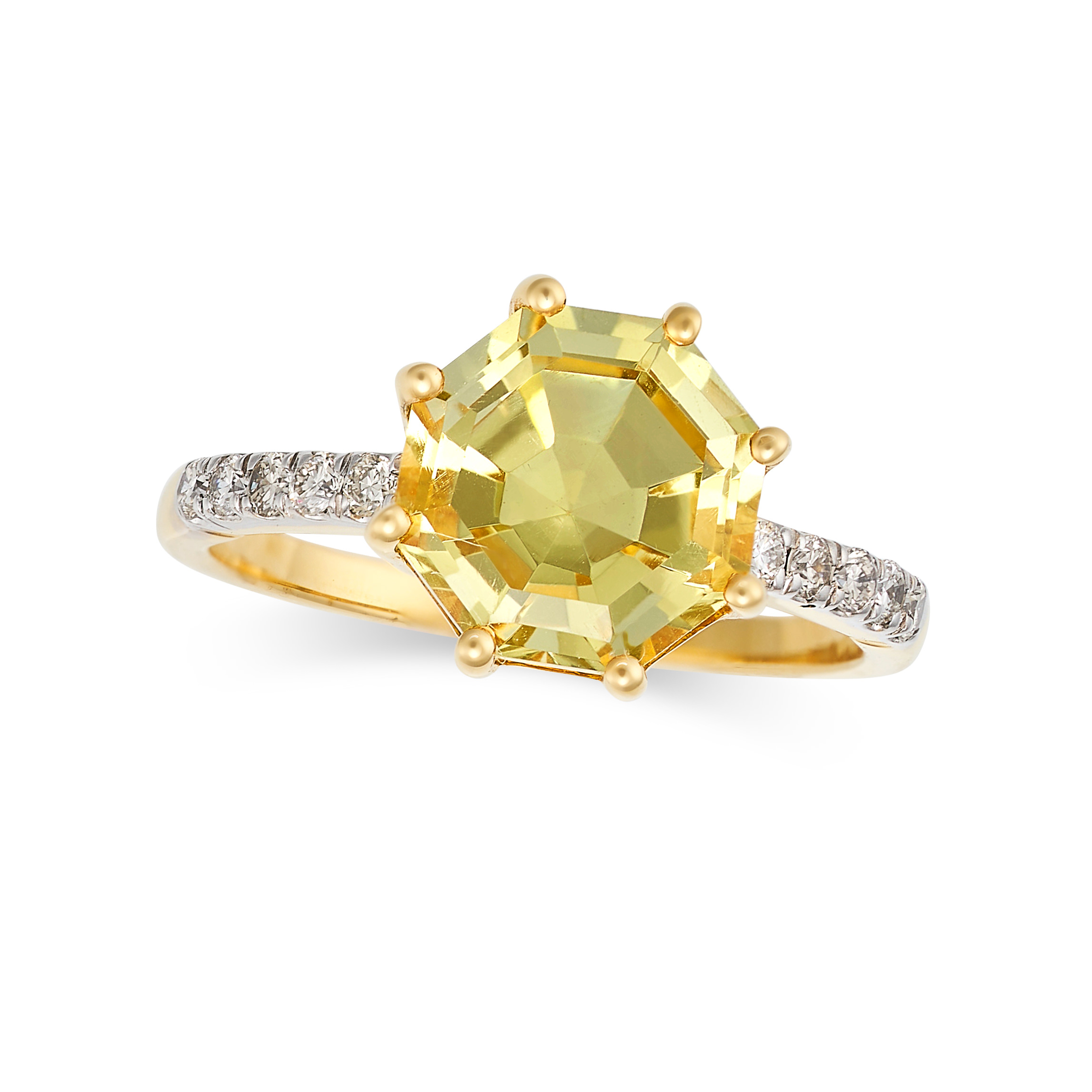 A CITRINE AND DIAMOND DRESS RING in 14ct yellow gold, set with an octagonal step cut citrine of 2...