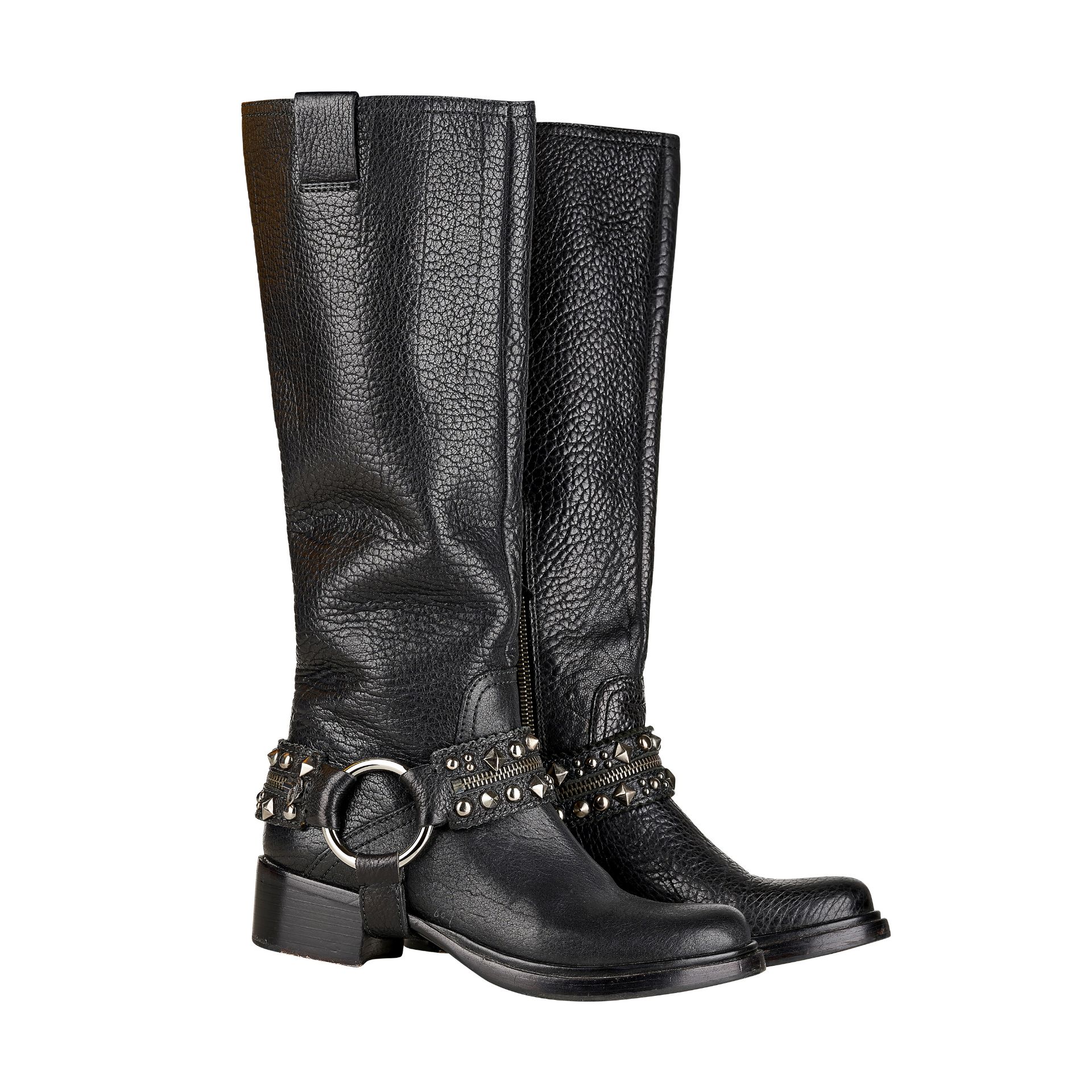 MIU MIU, BLACK SUEDE STUDDED KNEE HIGH BOOTS.