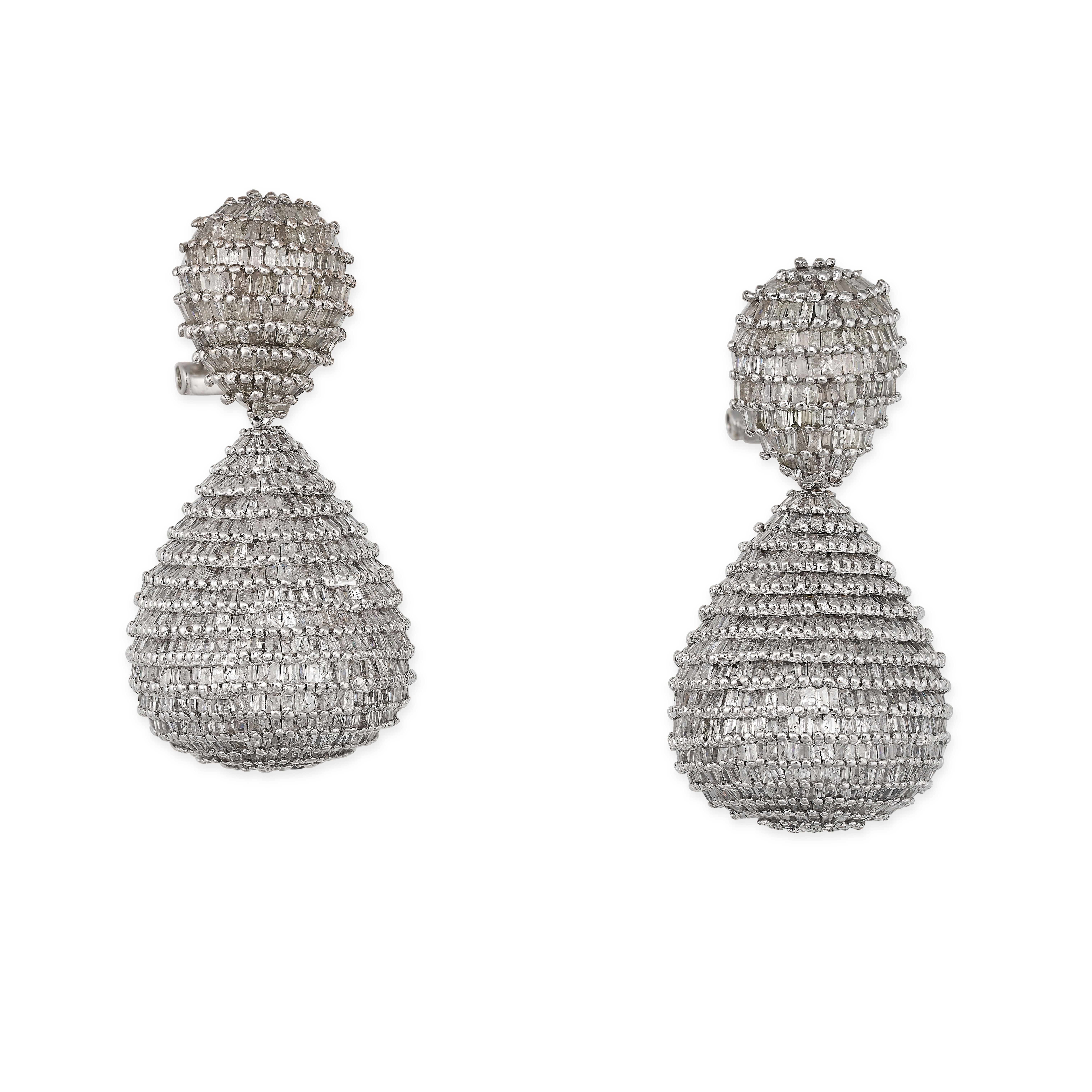 A PAIR OF DIAMOND DROP EARRINGS in 18ct white gold, comprising a domed pear shaped cluster of bag...