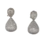 A PAIR OF DIAMOND DROP EARRINGS in 18ct white gold, comprising a domed pear shaped cluster of bag...