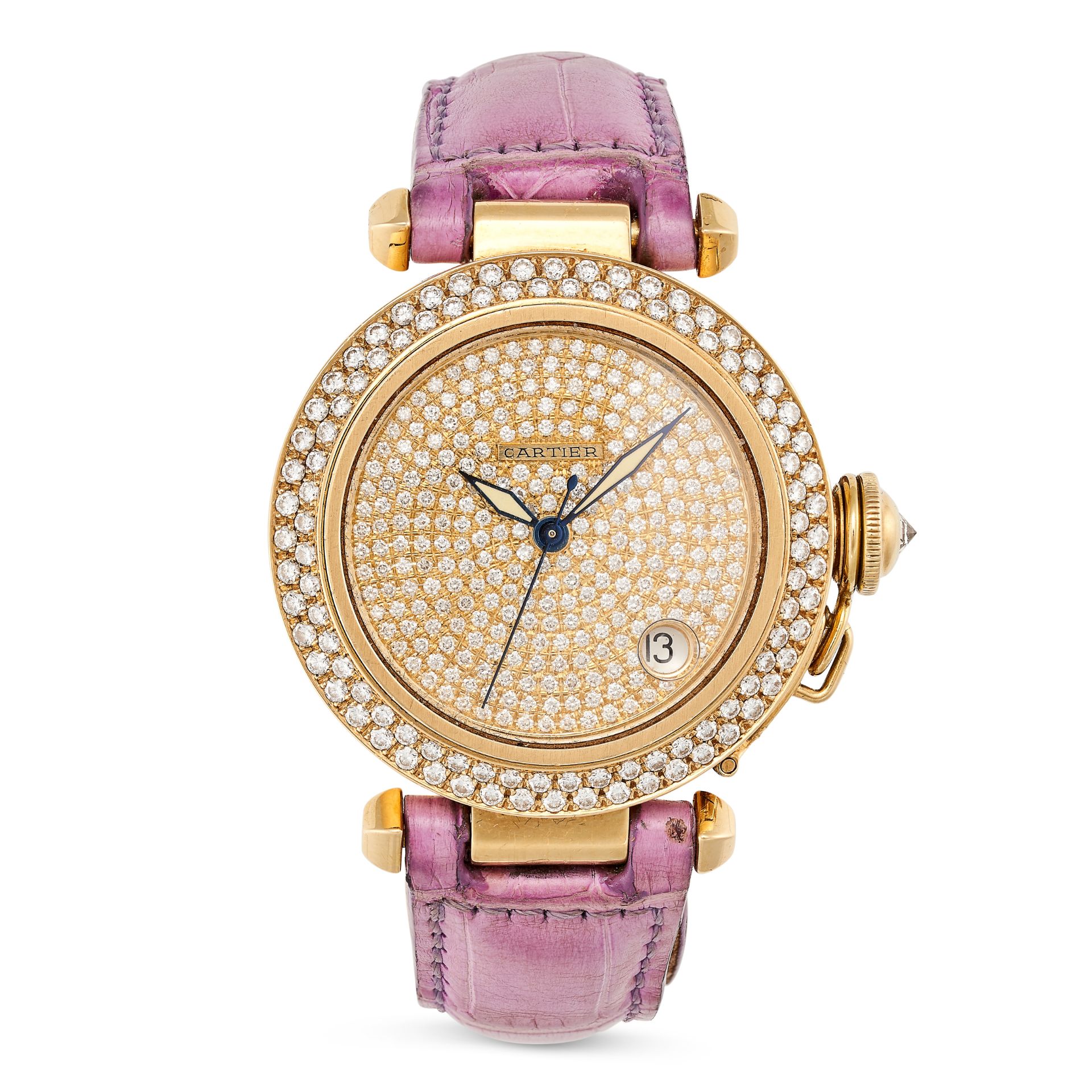 CARTIER, A PASHA DE CARTIER DIAMOND WATCH in 18ct yellow gold, the round watch face set with roun...