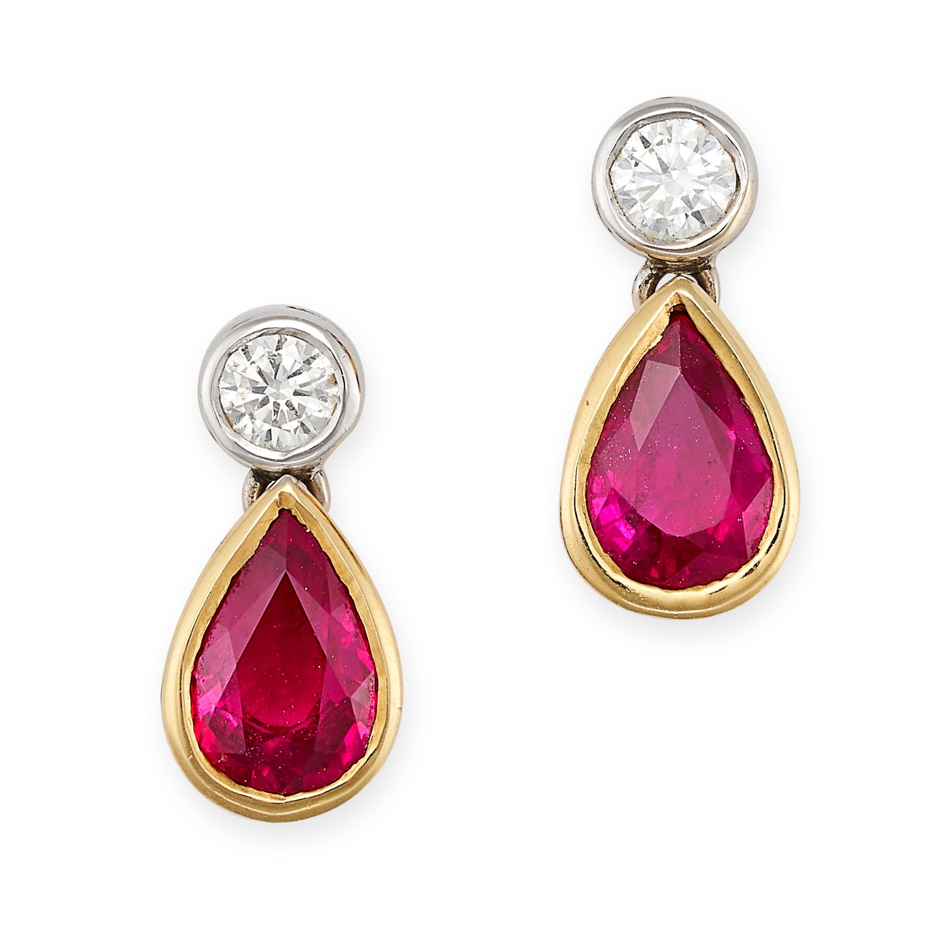 A PAIR OF BURMESE RUBY AND DIAMOND DROP EARRINGS in 18ct yellow and white gold, set with pear cut...