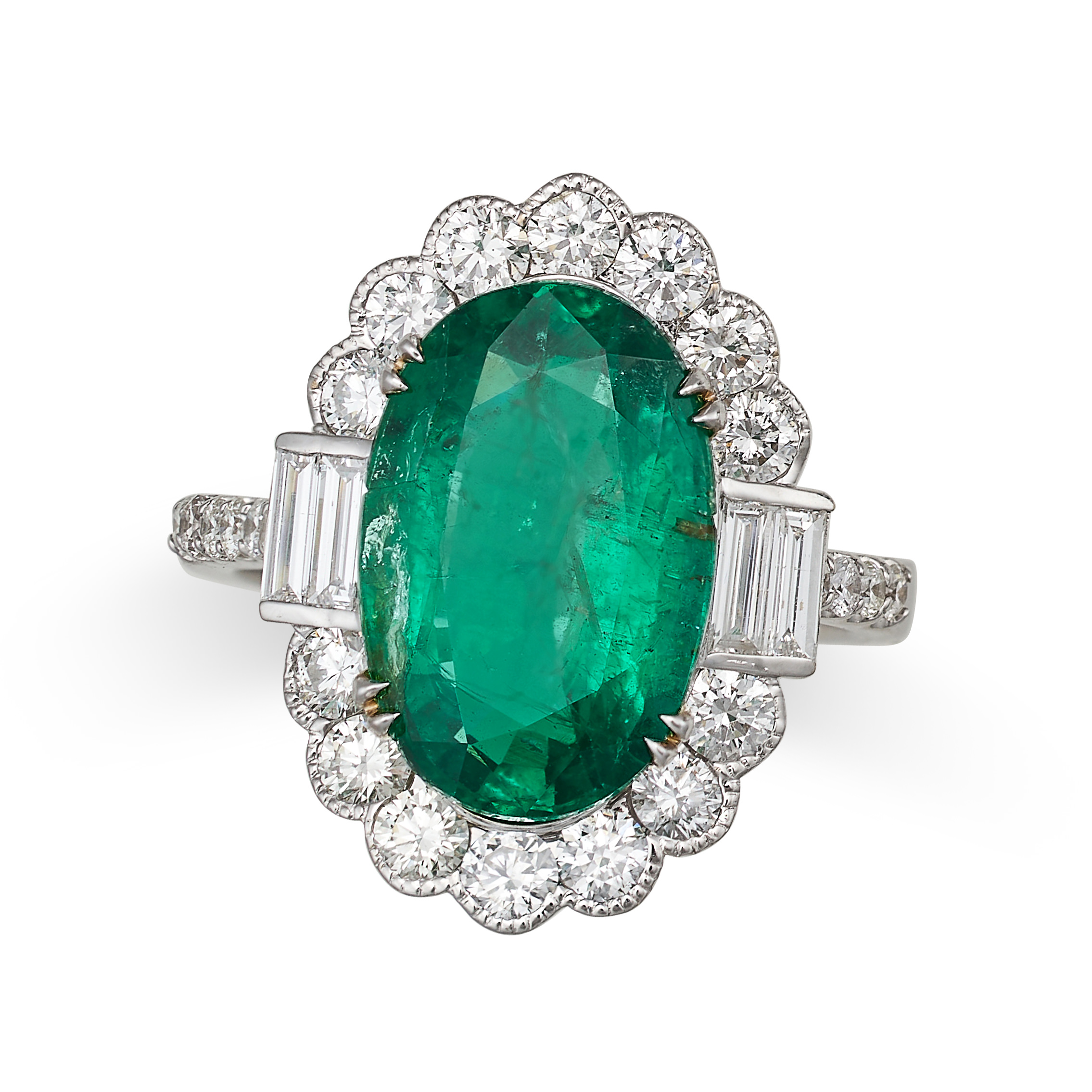 AN EMERALD AND DIAMOND DRESS RING in 18ct white gold, set with an oval cut emerald of 4.06 carats...