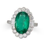 AN EMERALD AND DIAMOND DRESS RING in 18ct white gold, set with an oval cut emerald of 4.06 carats...