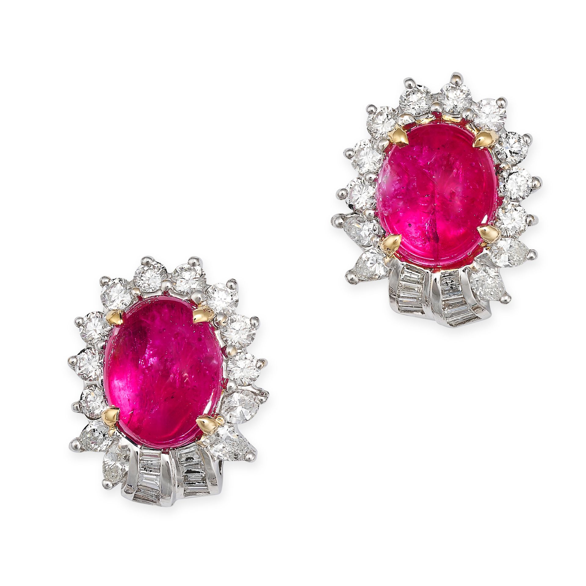 A PAIR OF RUBY AND DIAMOND CLUSTER STUD EARRINGS in 18ct white gold, each set with an oval caboch...