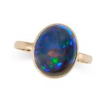 A BLACK OPAL DRESS RING in 18ct yellow gold, set with an oval cabochon black opal of 5.30 carats,...