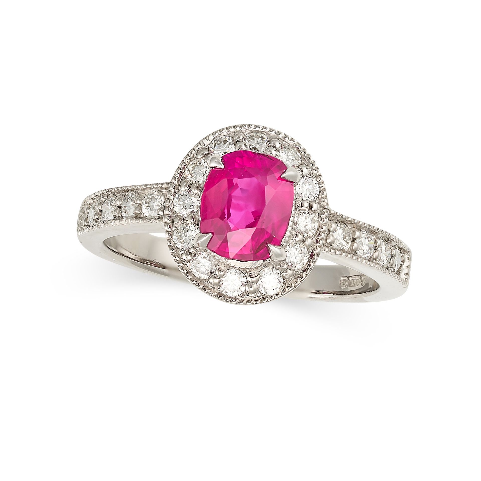 A BURMA NO HEAT RUBY AND DIAMOND RING in 18ct white gold, set with a cushion cut ruby of 1.09 car...