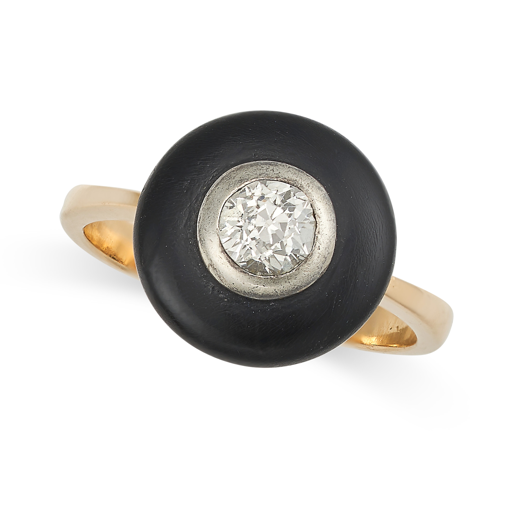 A VINTAGE EBONY AND DIAMOND RING in yellow gold and white gold, set with an old mine cut diamond ...