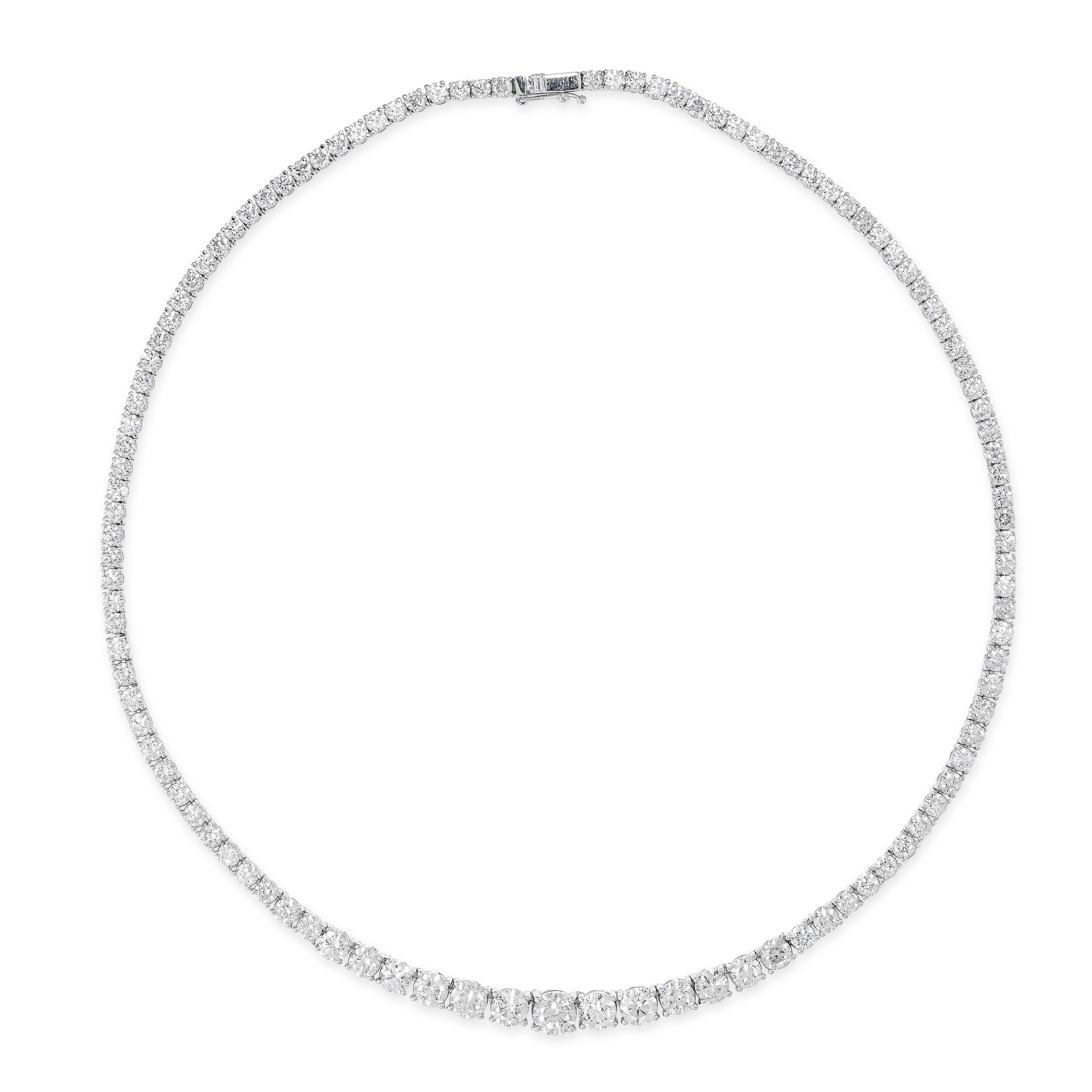 A FINE DIAMOND LINE NECKLACE in 18ct white gold, comprising a single row of graduated round brill...