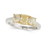 A YELLOW DIAMOND THREE STONE RING set with an oval and two round cut yellow diamonds all totallin...
