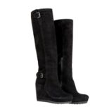 PRADA, BLACK SUEDE WEDGE KNEE HIGH BOOTS.