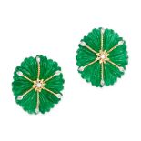 A PAIR OF GREEN QUARTZ AND DIAMOND EARRINGS 14ct yellow gold, each designed as a flower carved fr...