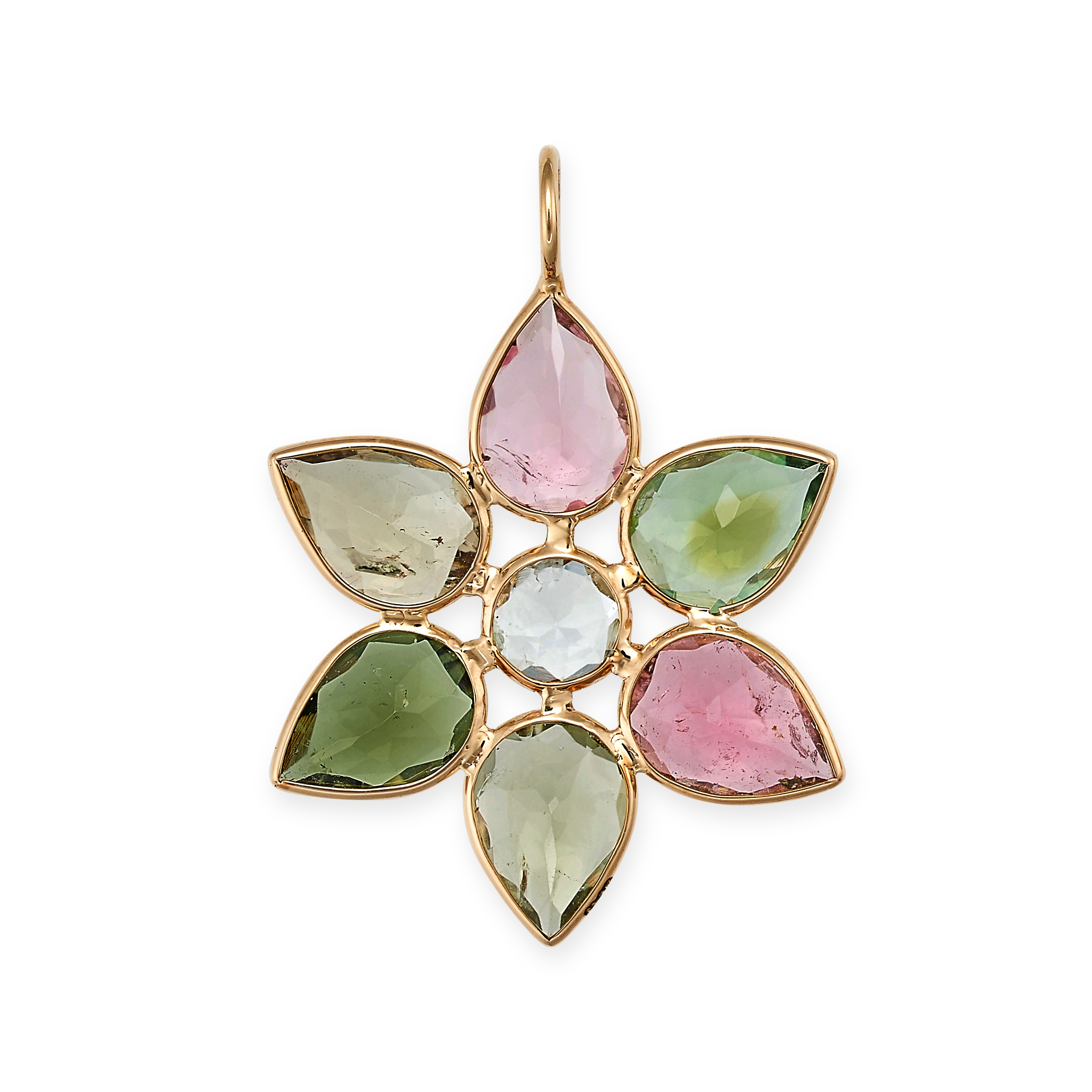 A PINK AND GREEN TOURMALINE PENDANT in 18ct yellow gold, designed as a flower, the centre and pet...