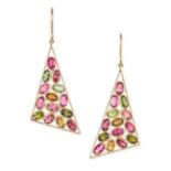 A PAIR OF TOURMALINE DROP EARRINGS in 18ct yellow gold, the tapering bodies set throughout with o...