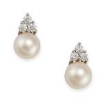 TIFFANY & CO., A PAIR OF PEARL AND DIAMOND EARRINGS in platinum, each set with a trio of round br...