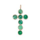 AN EMERALD CROSS PENDANT in 18ct yellow gold, set with seven round cabochon emeralds all totallin...