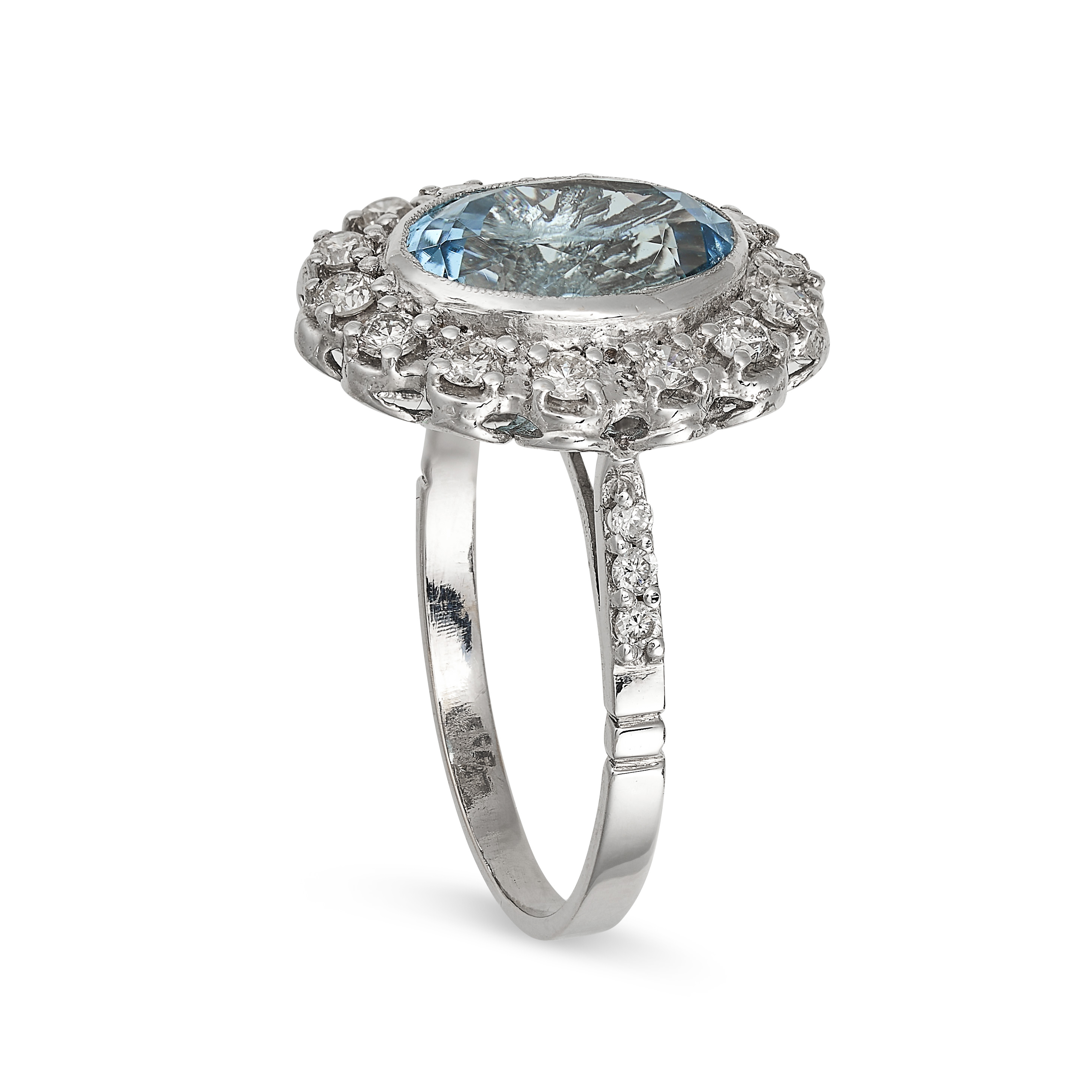 AN AQUAMARINE AND DIAMOND CLUSTER RING in white gold, set with an oval cut aquamarine of approxim... - Image 2 of 2