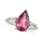 A PEAR SHAPE PINK TOURMALINE AND DIAMOND RING in white gold, set with a pear shape pink tourmalin...