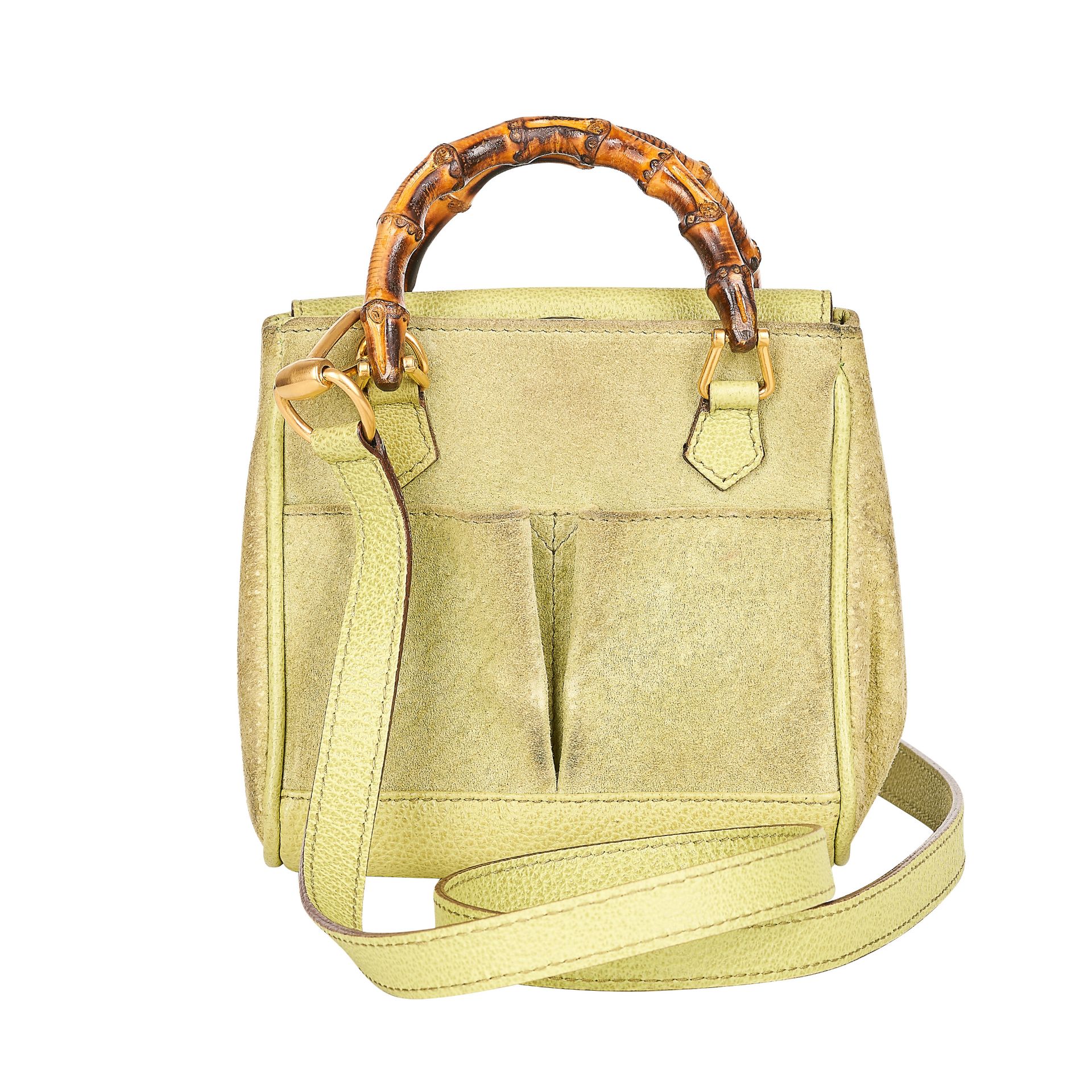 GUCCI, A VINTAGE GREEN SUEDE BAMBOO HANDLE BAG