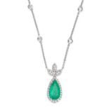 AN EMERALD AND DIAMOND PENDANT NECKLACE in 18ct white gold, set with a pear cut emerald of 4.95 c...