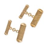 A PAIR OF RUBY CUFFLINKS in yellow gold, each baton style cufflink with a rope work design termin...