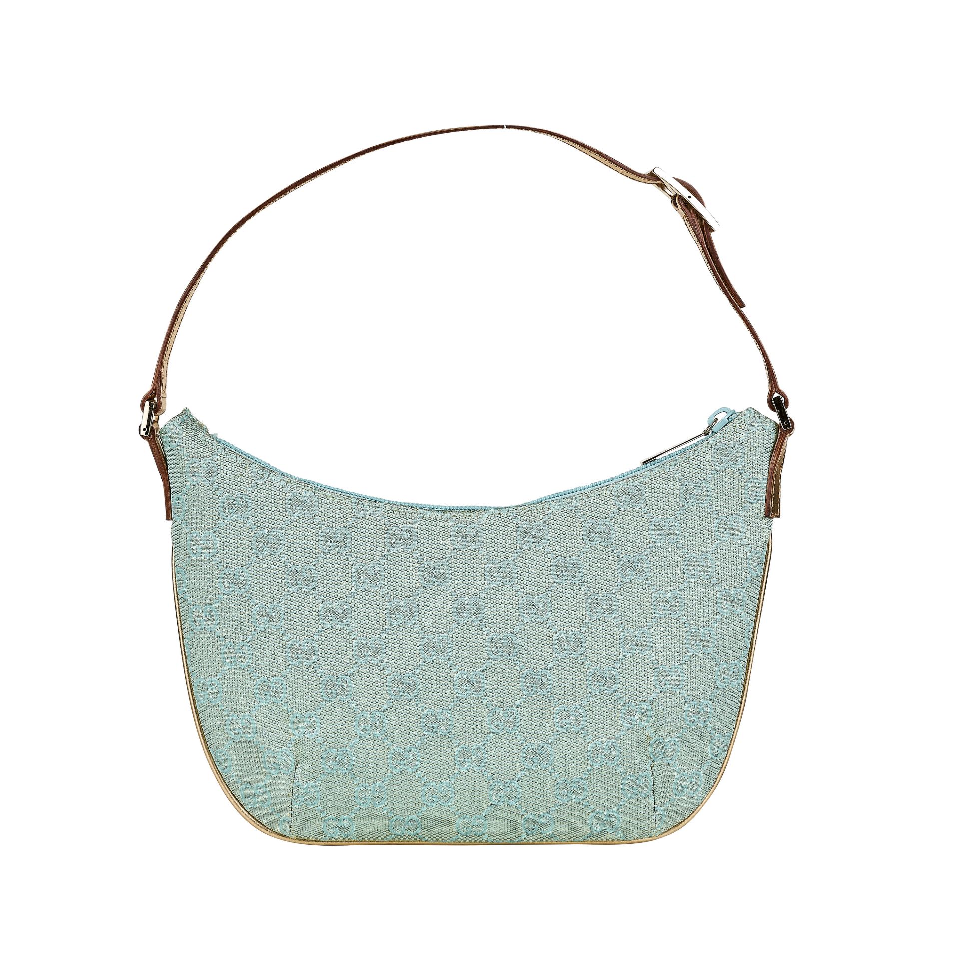 GUCCI, A VINTAGE BLUE AND GOLD CANVAS SHOULDER BAG