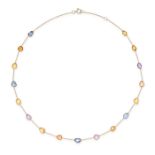 A MULTICOLOUR SAPPHIRE NECKLACE in 18ct yellow gold, comprising a row of seventeen fancy shaped m...