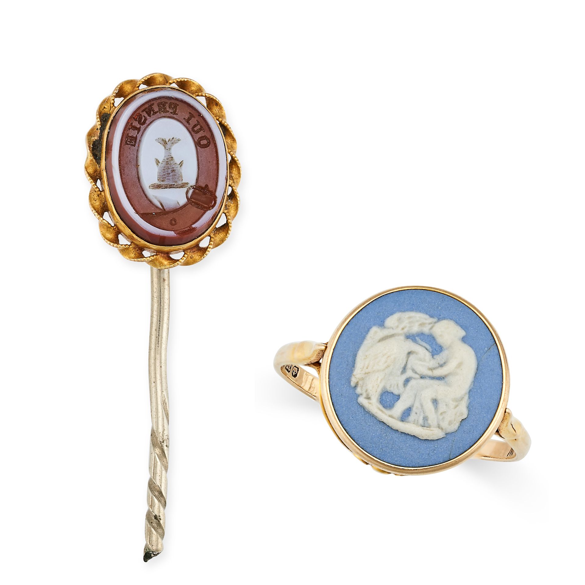 A VINTAGE WEDGEWOOD CAMEO RING AND AN ANTIQUE AGATE INTAGLIO STICK PIN the ring in 9ct yellow gol...