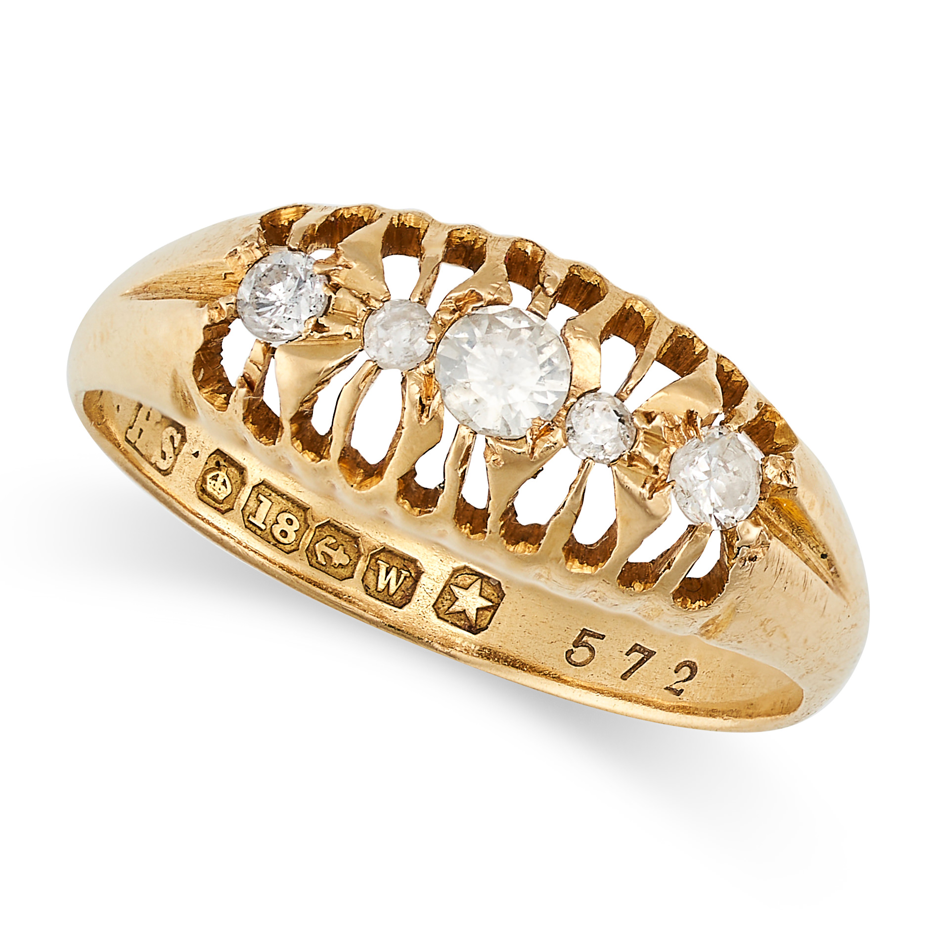 AN ANTIQUE DIAMOND RING, 1921 in 18ct yellow gold, set with a row of five round cut diamonds, ful...