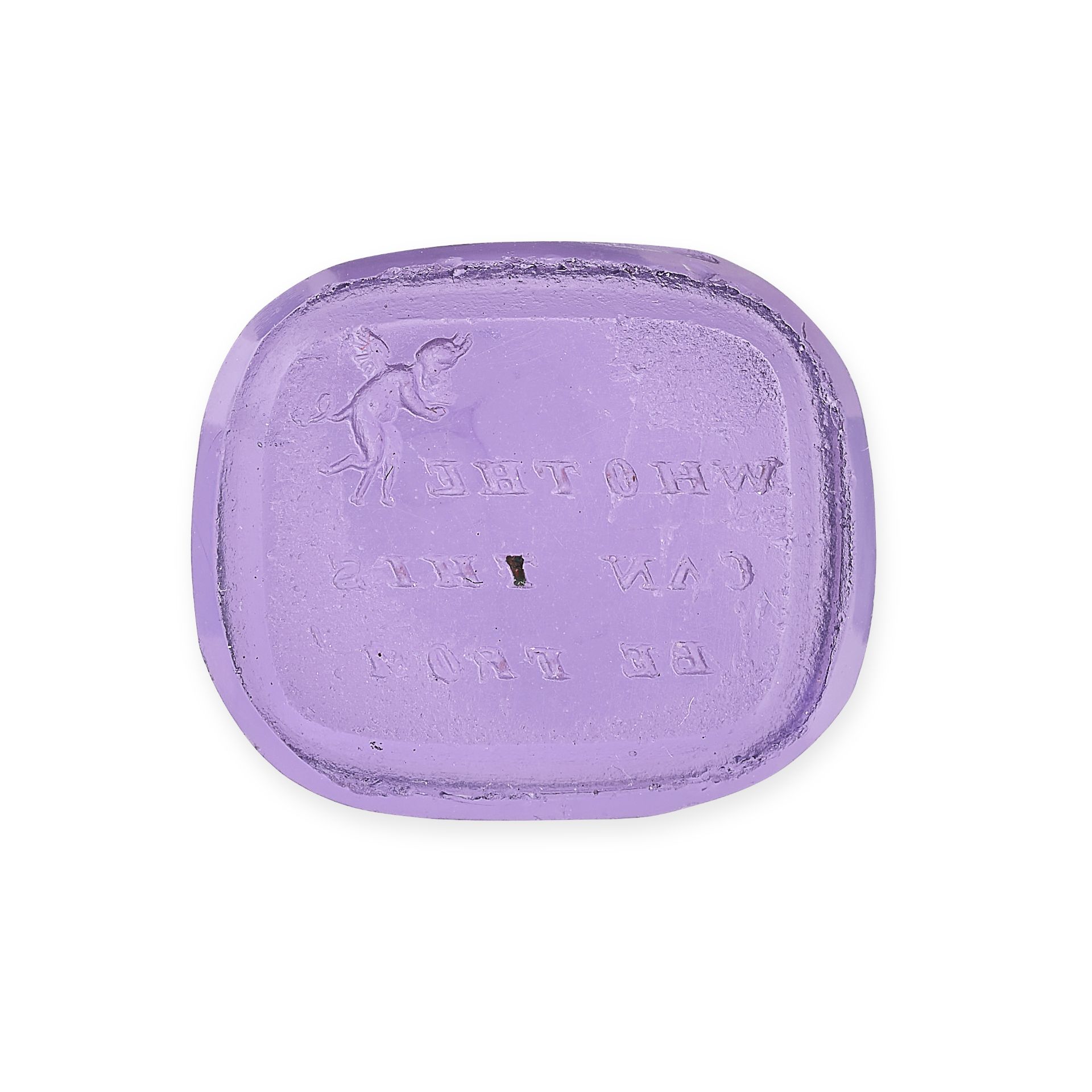 A MODERN MOULDED GLASS SEAL cast from an intaglio, the cushion shaped moulded purple glass...
