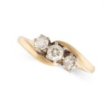 NO RESERVE - A DIAMOND THREE STONE RING in 18ct yellow gold, set with three graduated round brill...