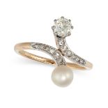 AN ANTIQUE DIAMOND AND PEARL TOI ET MOI RING, EARLY 20TH CENTURY in yellow gold, the ring set wit...